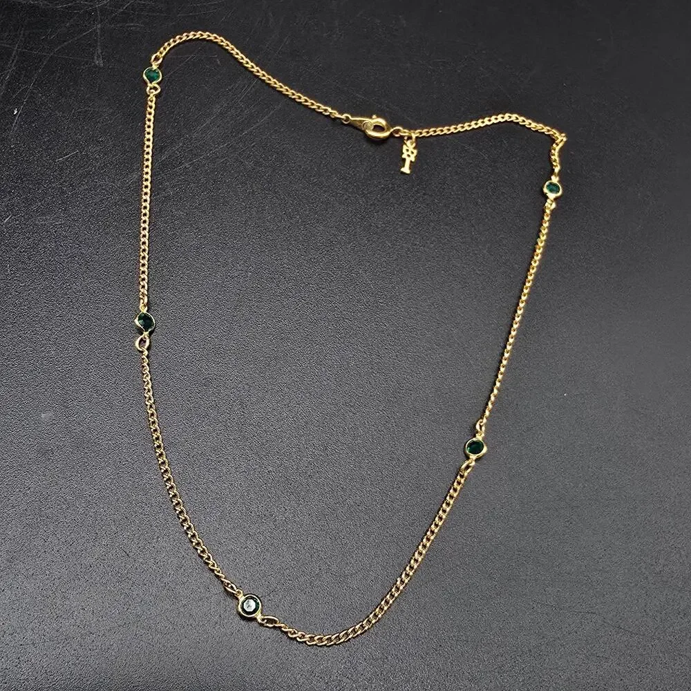 Trifari Gold Tone Green Station Necklace Chain Vintage Costume Jewelry